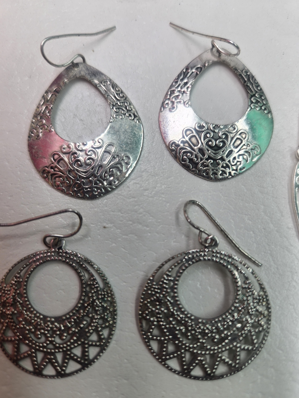 Sterling-Tone Filigree Teardrop & Round Dangle Earrings  3 Pair